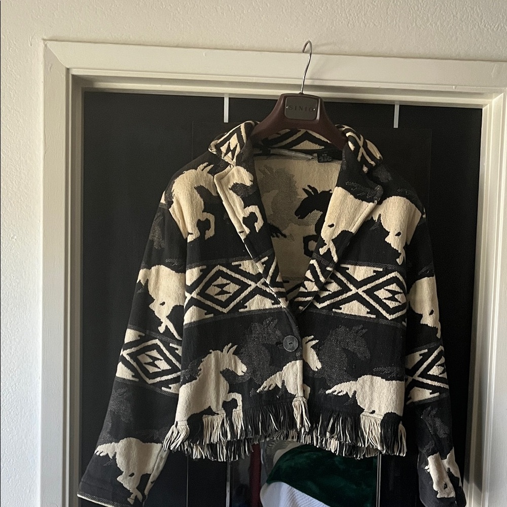 Western-Inspired Black & Cream Fringe Jacket